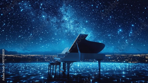 The Grand Black piano with galaxy night sky background,star and Northern Lights,player keyboard musician artist concert concept.