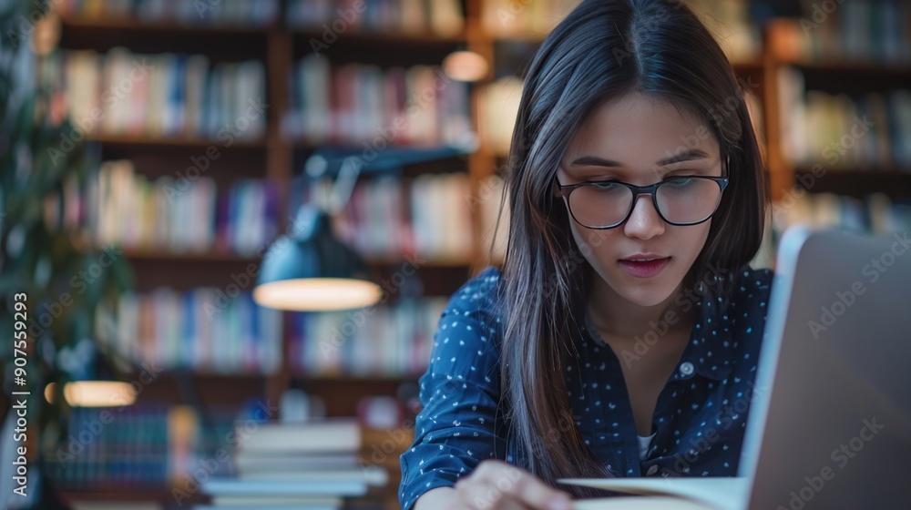 Young woman studying in a library. Young woman studying in a library.