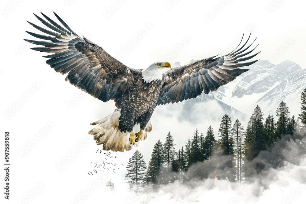 Majestic bald eagle flying over misty mountains with open wings Majestic bald eagle flying over misty mountains with open wings