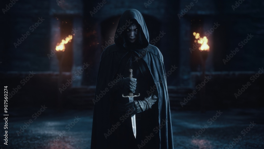 A person in a hood holding sword and torch with flames behind him, AI A person in a hood holding sword and torch with flames behind him, AI