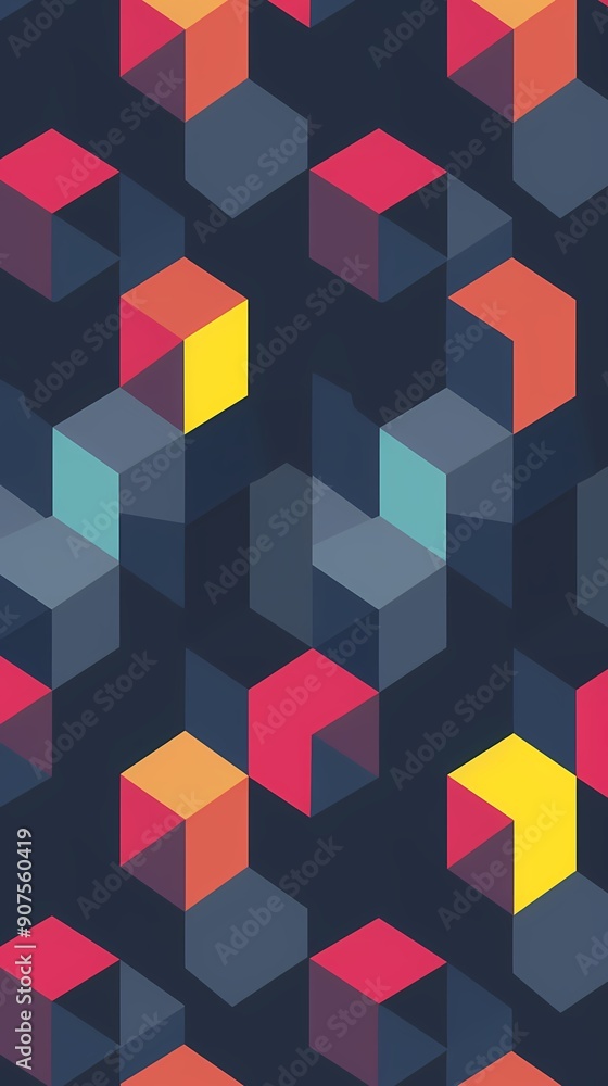 Colorful geometric pattern with overlapping cubes in red, orange, yellow, and blue. Colorful geometric pattern with overlapping cubes in red, orange, yellow, and blue.