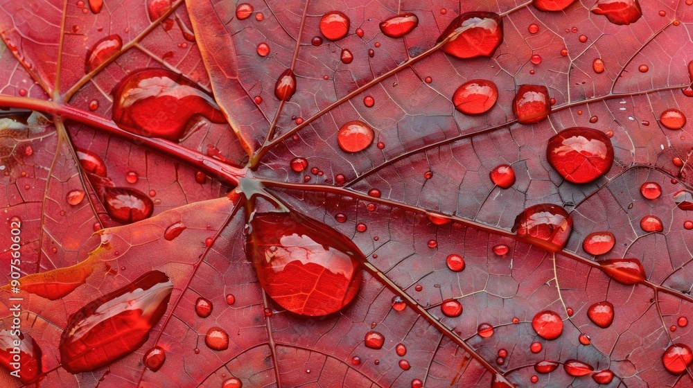 Fototapeta premium Red maple leaves with water droplets