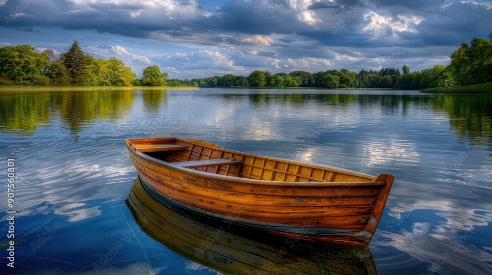 Wooden Boat on Calm Lake with Cloudy Sky. Wooden Boat on Calm Lake with Cloudy Sky.