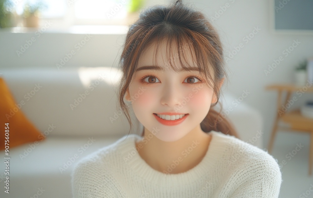 Woman selfie is smiling in sweater in living room. Woman selfie is smiling in sweater in living room.