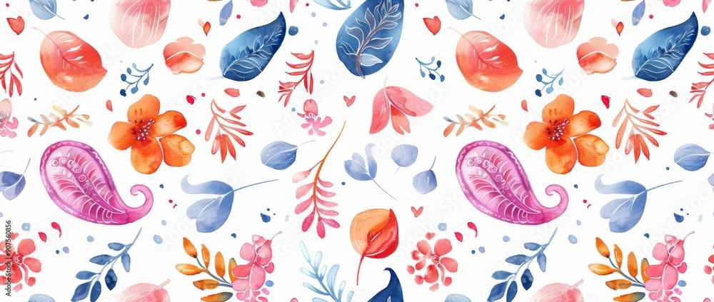 Seamless pattern with intricate paisley patterns in bold, bright colors. Conveyed in watercolor form Seamless pattern with intricate paisley patterns in bold, bright colors. Conveyed in watercolor form