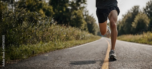 Focus on the legs of a person jogging on the road, blank advertisement banner background with copy space