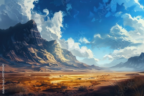 Mountainous Desert Landscape with White Clouds and Blue Sky