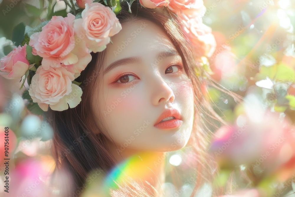 A beautiful Asian woman with roses in her hair soft and delicate skin with bright sunshine. A beautiful Asian woman with roses in her hair soft and delicate skin with bright sunshine.