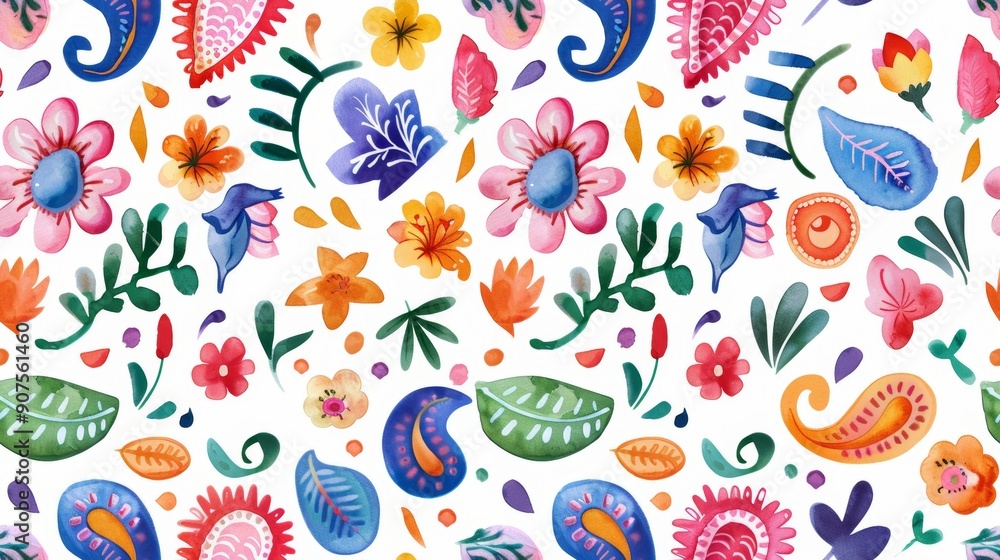 Fototapeta premium Seamless pattern with intricate paisley patterns in bold, bright colors. Conveyed in watercolor form