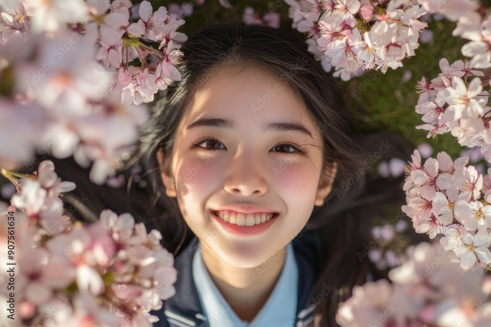Portrait of a beautiful smiling high school girl in uniform among cherry blossoms from a top view. Portrait of a beautiful smiling high school girl in uniform among cherry blossoms from a top view.