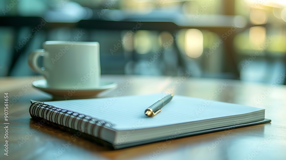 Notepad with pen on table in professional office setting, blue toned business concept with copy space for corporate meeting preparation and planning Notepad with pen on table in professional office setting, blue toned business concept with copy space for corporate meeting preparation and planning