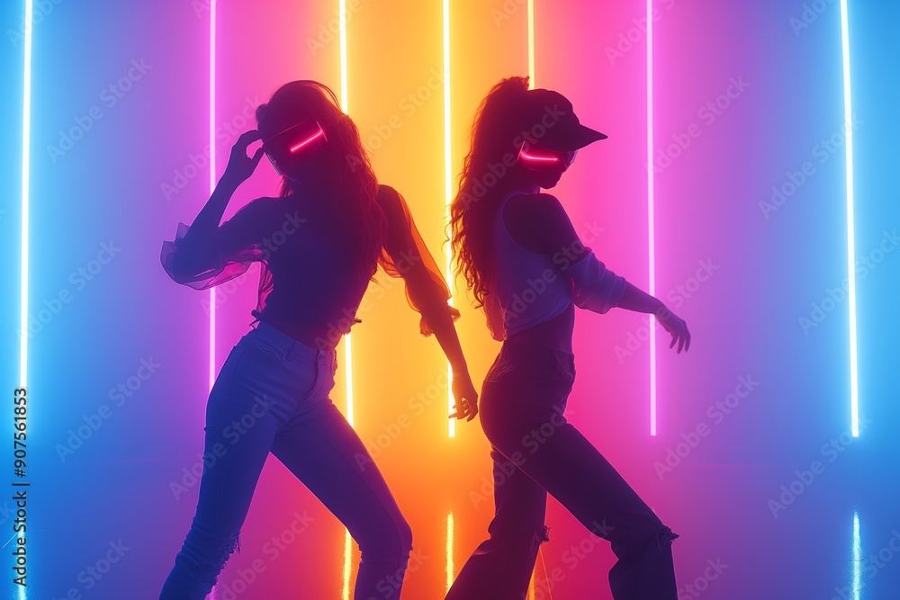 Fototapeta premium Two women posing in front of neon lights with a blue and pink background.