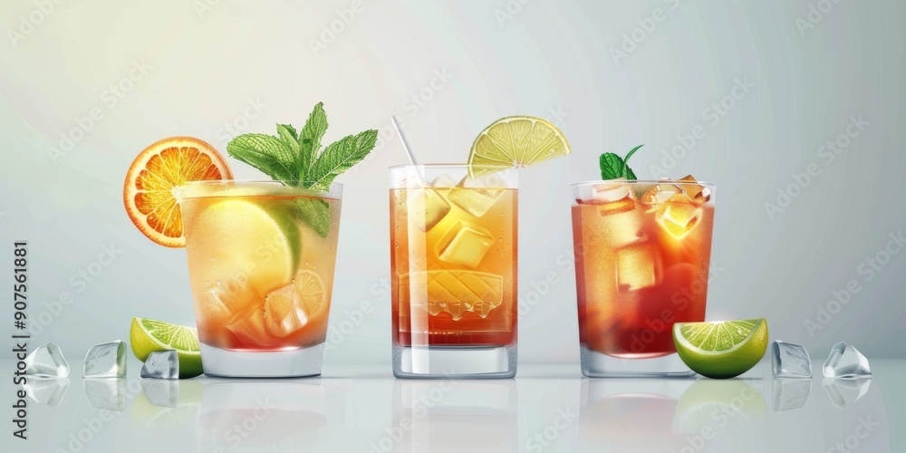 Three drinks with ice and limes on the side Three drinks with ice and limes on the side