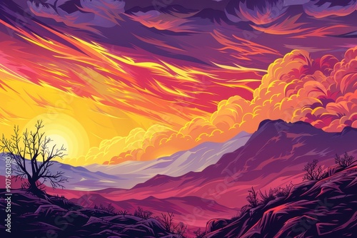 Sunset over Mountain Range with Clouds and a Single Tree