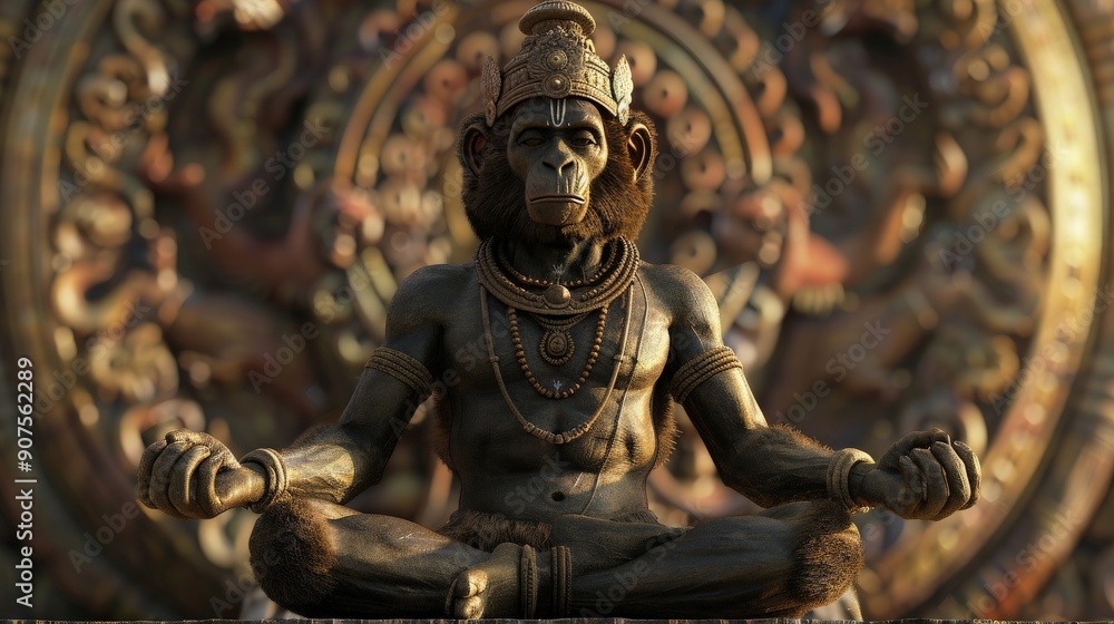 Fototapeta premium Meditating Monkey Statue with Ornate Headwear