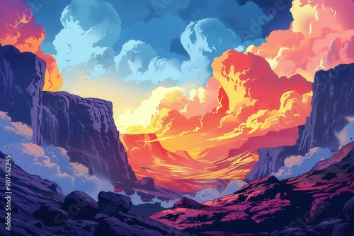 A Colorful Sunset Over a Rocky Canyon Landscape