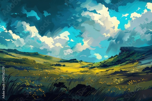 Lush Green Valley Under a Blue Sky with Puffy Clouds