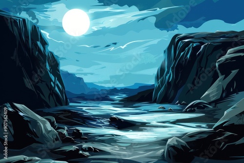 A Tranquil Moonlight Landscape with a Serpentine River Flowing Through a Canyon