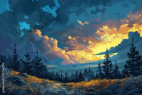 Forest Trail at Sunset with Dramatic Sky