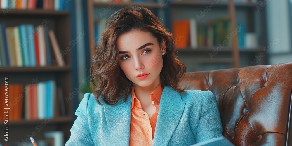 Woman in Blue Blazer and Orange Shirt Sitting in a Leather Chair Woman in Blue Blazer and Orange Shirt Sitting in a Leather Chair