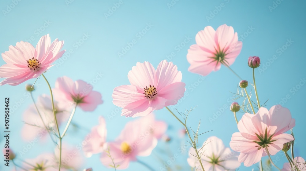 Pink Cosmos Flowers Against a Blue Sky Pink Cosmos Flowers Against a Blue Sky