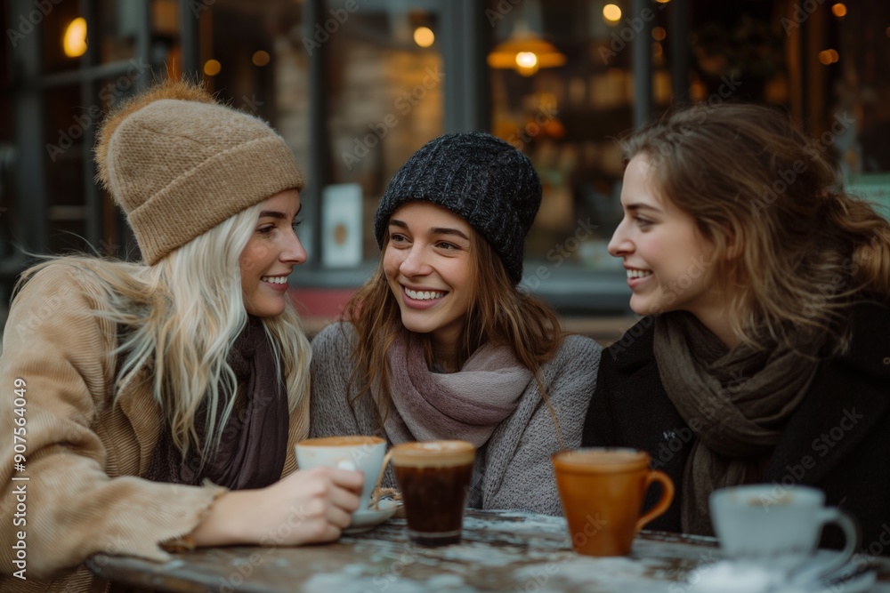 Three friends enjoying coffee and conversation at an outdoor cafe on a chilly day. Three friends enjoying coffee and conversation at an outdoor cafe on a chilly day.