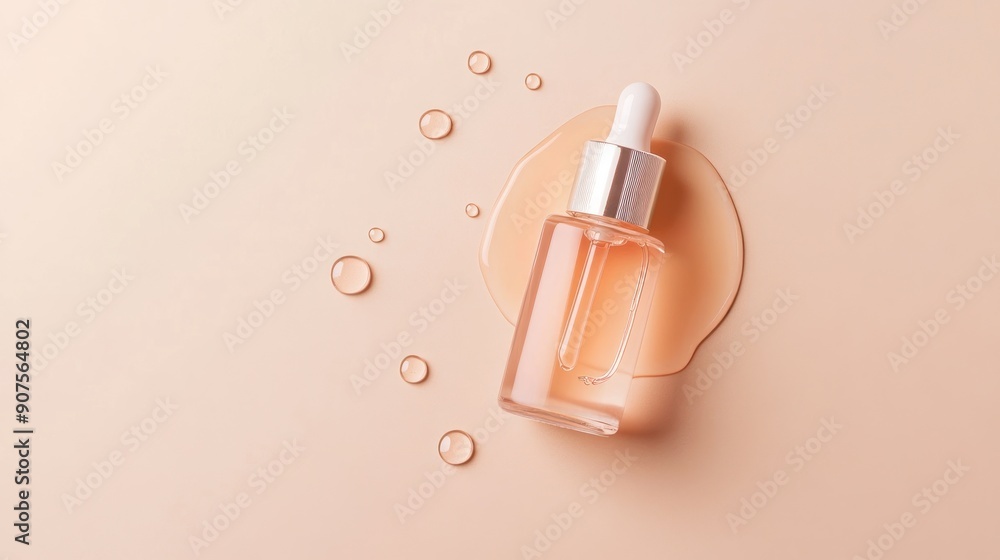 Serum Bottle with Dropper and Spilled Drops on Beige Background Serum Bottle with Dropper and Spilled Drops on Beige Background