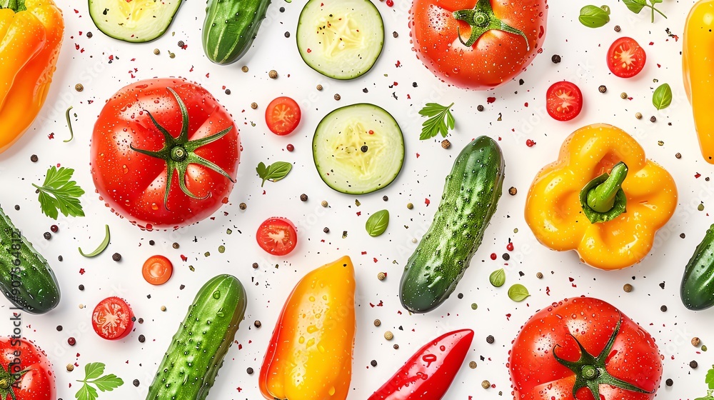 Fresh Produce Pattern Pattern of fresh produce like tomatoes, cucumbers, and peppers, symbolizing freshness and natural ingredients in graphic design