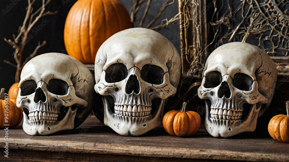 Scary Halloween decor skulls and skeletons with pumpkin Scary Halloween decor skulls and skeletons with pumpkin