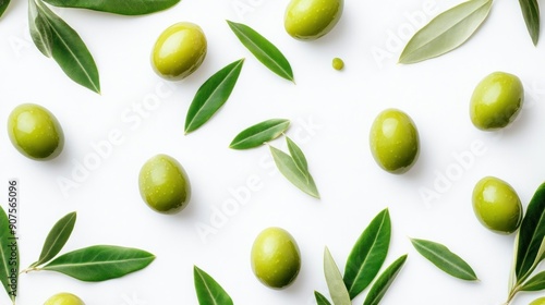Wallpaper Mural Green Olives and Olive Leaves on White Background Torontodigital.ca