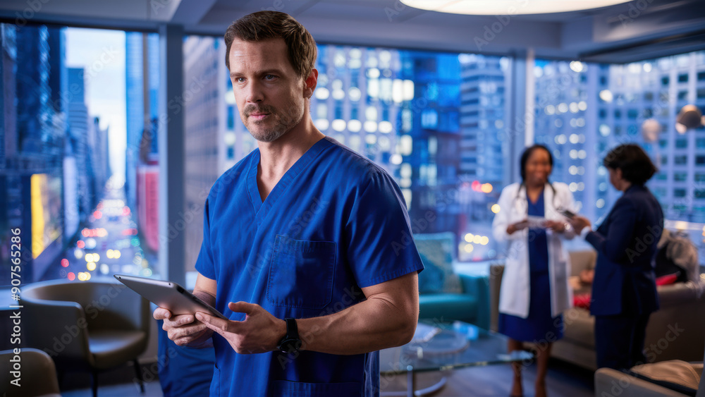 A man in scrubs holding a tablet computer while standing near other people, AI
