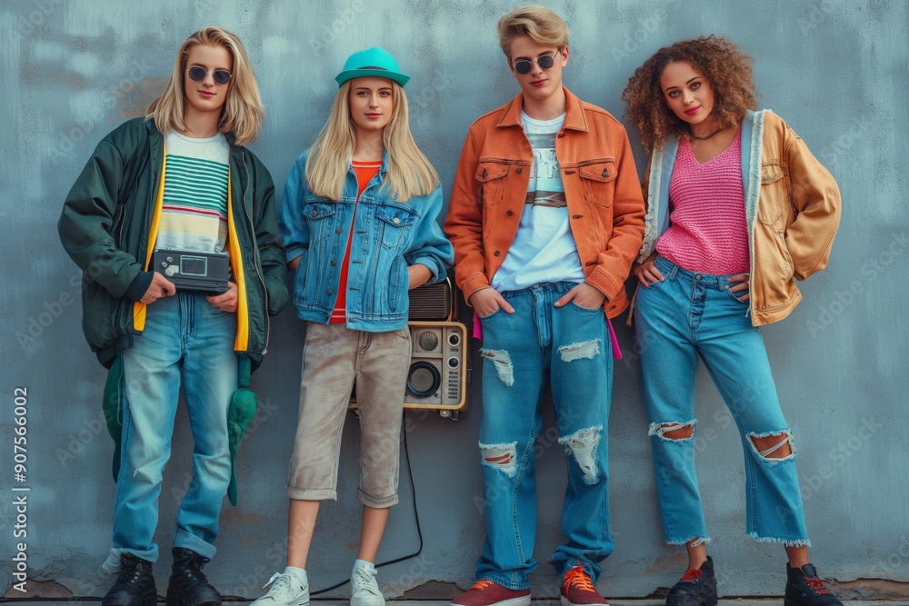 Obraz premium Stylish young women in trendy streetwear outfits, listening to music with headphones, posing confidently.