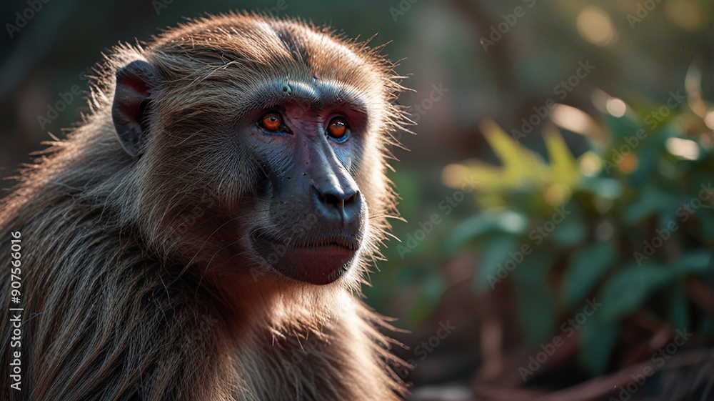 A baboon gazes thoughtfully into the distance, illuminated by the soft glow of sunlight filtering through the dense foliage of a tropical forest. A baboon gazes thoughtfully into the distance, illuminated by the soft glow of sunlight filtering through the dense foliage of a tropical forest.