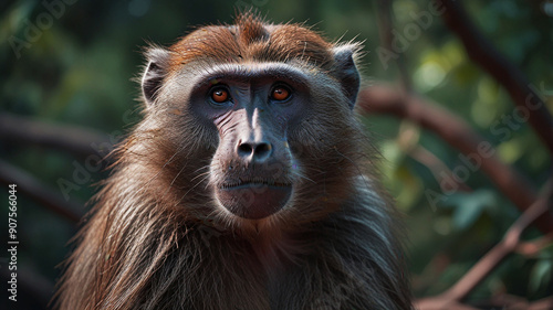 A baboon gazes thoughtfully into the distance, illuminated by the soft glow of sunlight filtering through the dense foliage of a tropical forest.