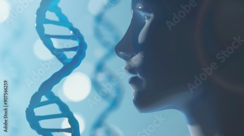 Digital art of a human profile gazing at a DNA double helix structure against a blue backdrop. photo