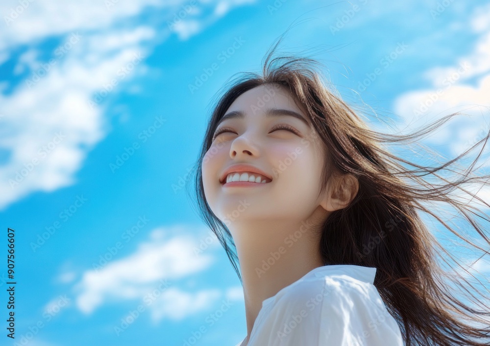 Beautiful woman smiling hair blowing in the wind blue sky background. Beautiful woman smiling hair blowing in the wind blue sky background.