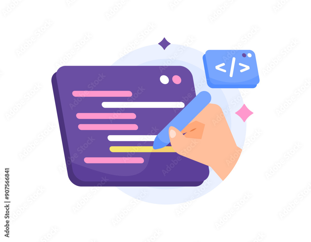 programming concept. programming course or training. learn to create a program script. illustration of a hand using a pen to write a program script. coding. flat style design. graphic elements programming concept. programming course or training. learn to create a program script. illustration of a hand using a pen to write a program script. coding. flat style design. graphic elements