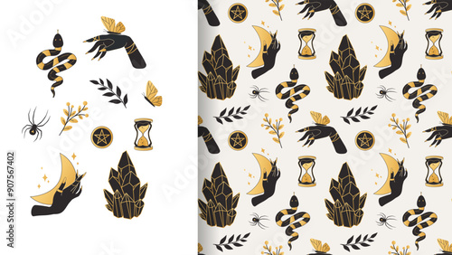Seamless boho mystique pattern. Esoteric ornament in gold and black. Witchcraft, Halloween