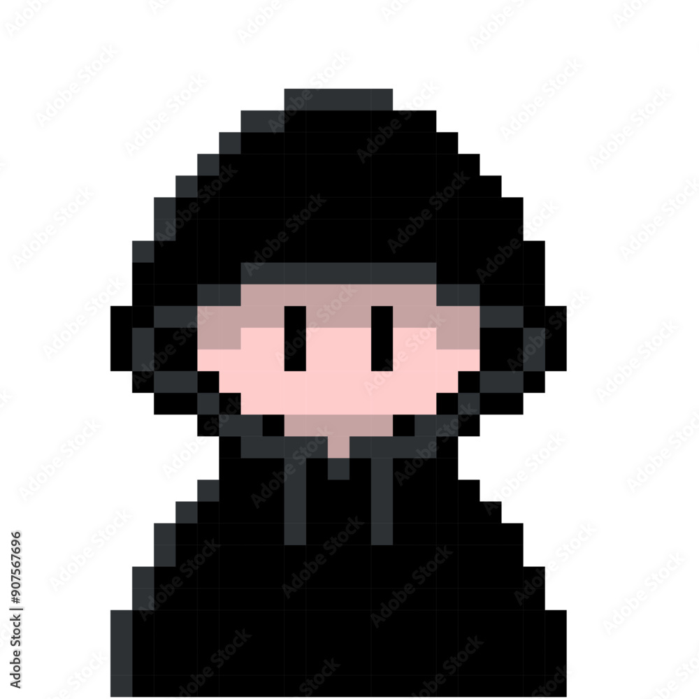 Fototapeta premium 黒パーカーのフードを深くかぶったハッカー風怪しい人のかわいいドット絵