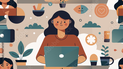 Vector Illustration of a Girl Working Concentrated on a Laptop