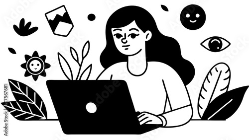  Black and White Vector Art of Woman Using Laptop