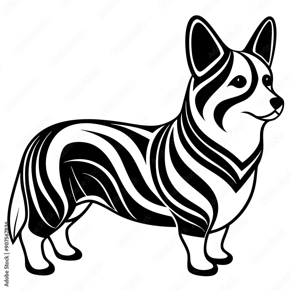 Minimalist Vector Illustration of a Black and White Corgi Dog Stripes Pattern on White Background, Trendy Contemporary Artwork Featuring Minimalism Trend Minimalist Vector Illustration of a Black and White Corgi Dog Stripes Pattern on White Background, Trendy Contemporary Artwork Featuring Minimalism Trend
