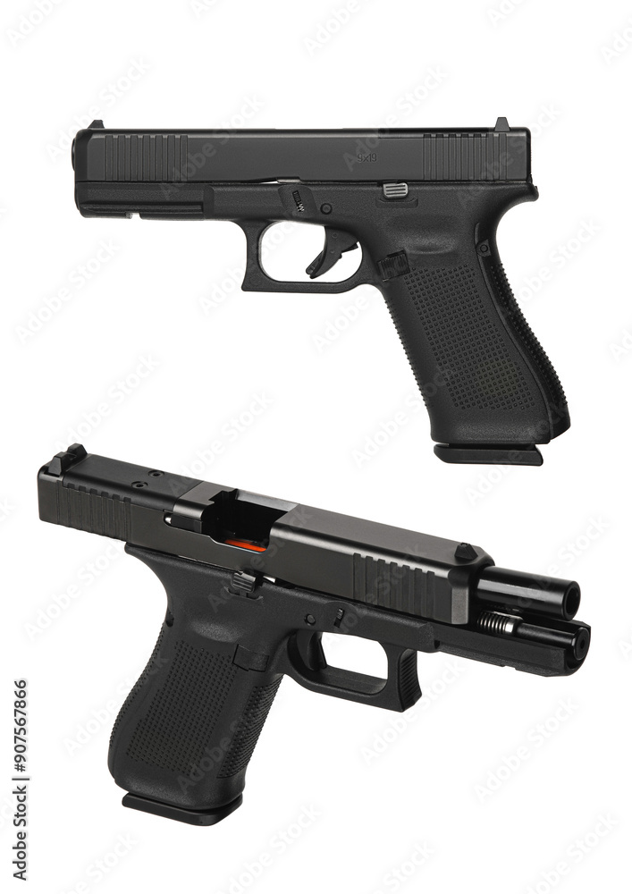 Modern semi-automatic pistol isolate on a white background. Armament for the army and police. Short-barreled weapon Modern semi-automatic pistol isolate on a white background. Armament for the army and police. Short-barreled weapon