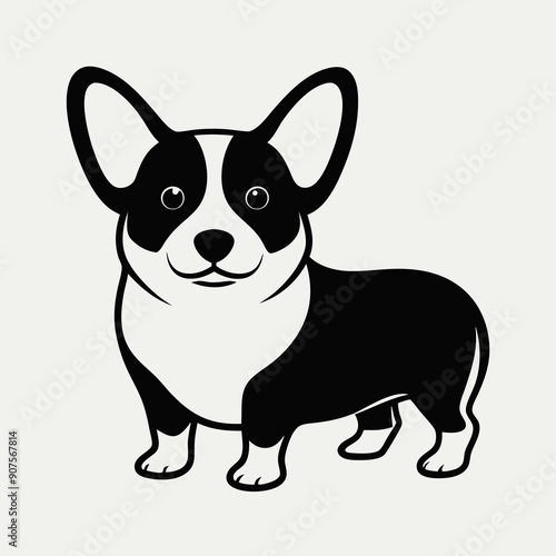 Linear Vector Artwork of a Welsh Corgi Silhouette on White Background, Minimalistic Dog Illustration Perfect for Pet Lovers' Designs and Contemporary Home Decor Themes