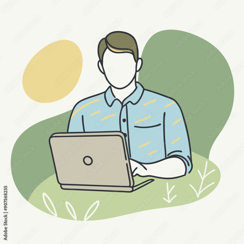 Vector Icon of a Casual Setting Character Working on Laptop in Flat Design Style: Stylized Decorative Background in Soft Colors for Calm and Approachable Professional Presentations and Infographics Vector Icon of a Casual Setting Character Working on Laptop in Flat Design Style: Stylized Decorative Background in Soft Colors for Calm and Approachable Professional Presentations and Infographics