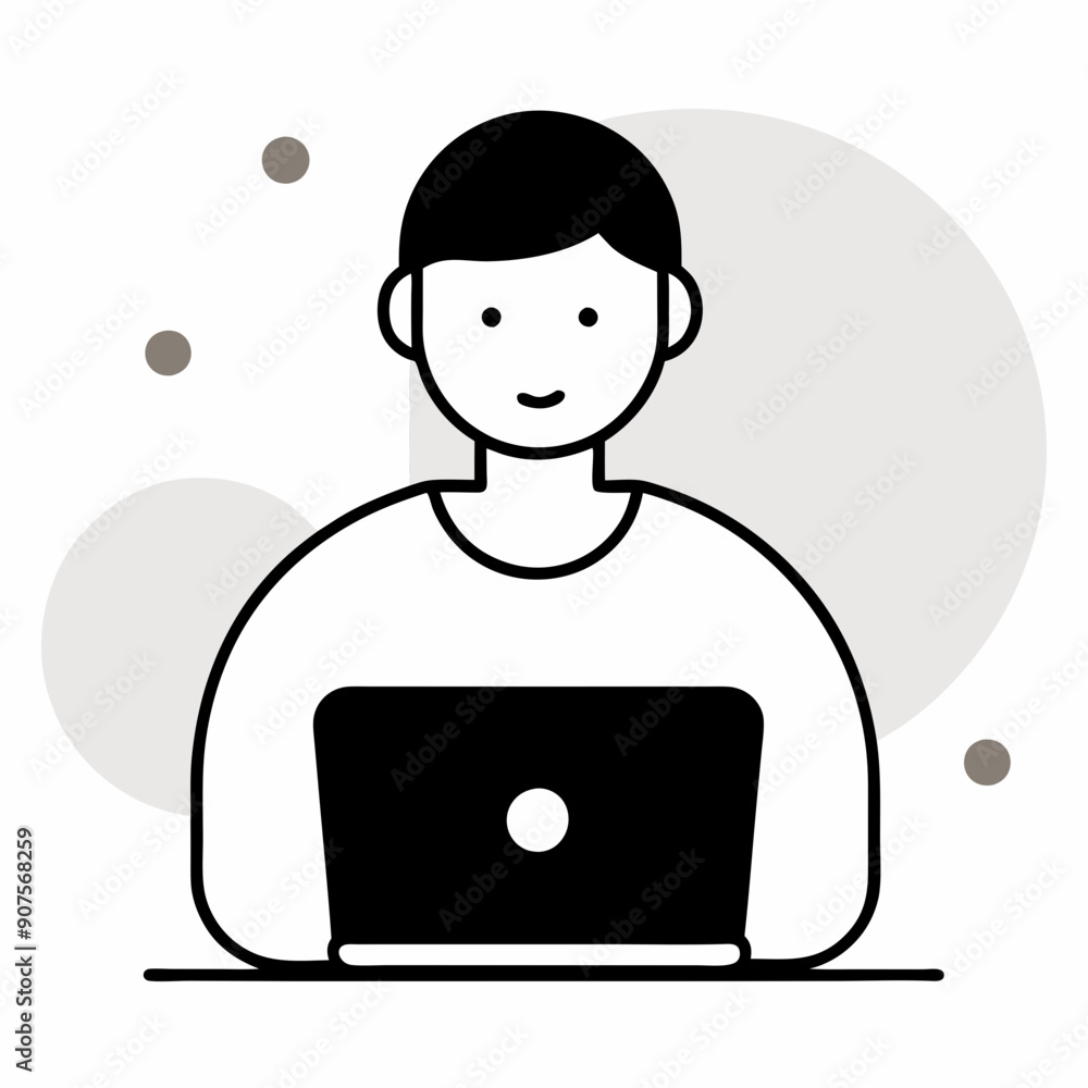 Vector Icon of a Casual Setting Character Working on Laptop in Flat Design Style: Stylized Decorative Background in Soft Colors for Calm and Approachable Professional Presentations and Infographics Vector Icon of a Casual Setting Character Working on Laptop in Flat Design Style: Stylized Decorative Background in Soft Colors for Calm and Approachable Professional Presentations and Infographics