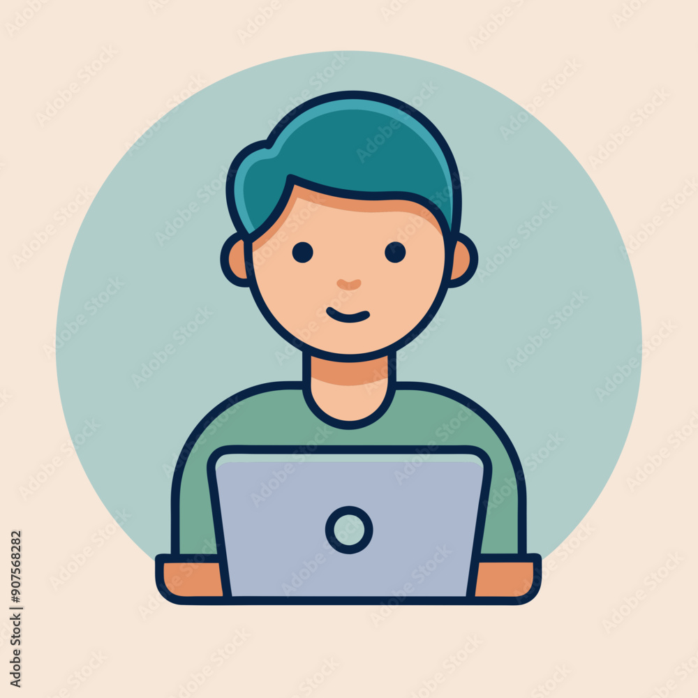 Vector Icon of a Casual Setting Character Working on Laptop in Flat Design Style: Stylized Decorative Background in Soft Colors for Calm and Approachable Professional Presentations and Infographics Vector Icon of a Casual Setting Character Working on Laptop in Flat Design Style: Stylized Decorative Background in Soft Colors for Calm and Approachable Professional Presentations and Infographics