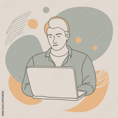 Vector Icon of a Casual Setting Character Working on Laptop in Flat Design Style: Stylized Decorative Background in Soft Colors for Calm and Approachable Professional Presentations and Infographics