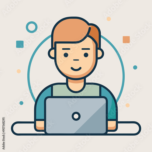 Vector Icon of a Casual Setting Character Working on Laptop in Flat Design Style: Stylized Decorative Background in Soft Colors for Calm and Approachable Professional Presentations and Infographics