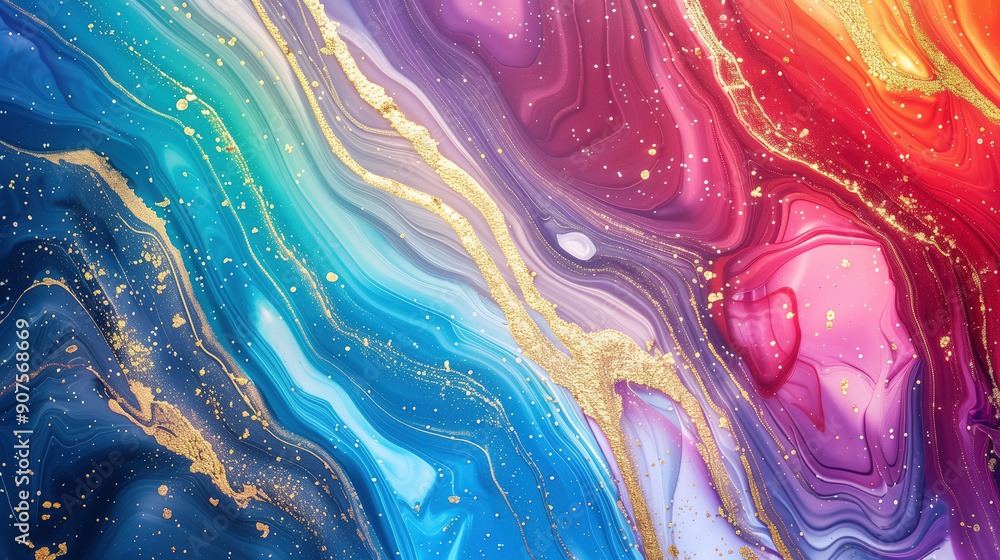 Fototapeta premium Vibrant marble ink texture background featuring fluid color patterns and golden accents